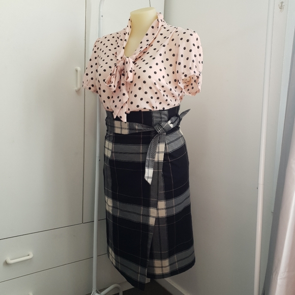 NWT AU 14 Dotti Black White Plaid Midi Belt Wrap Skirt - Picture 16 of 16